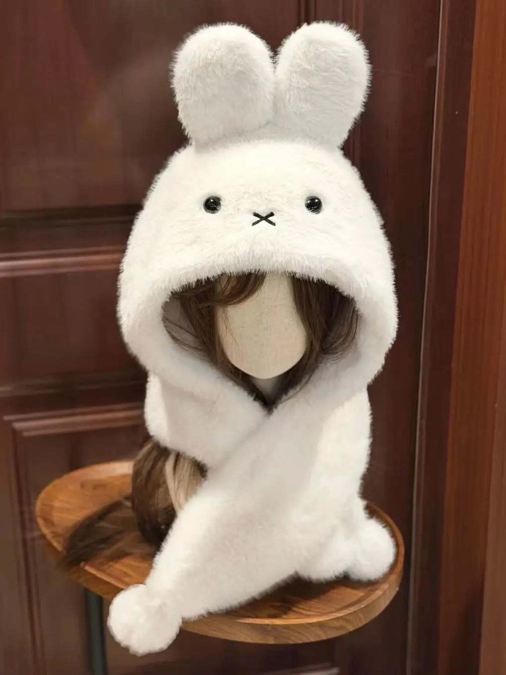 3D Stereo Cute Lovely Miffy Plush Hat Scarf Integrated Set Soft Warm Earflap Hat Windproof Winter Thermal Neck Warmer for Girls - view 2