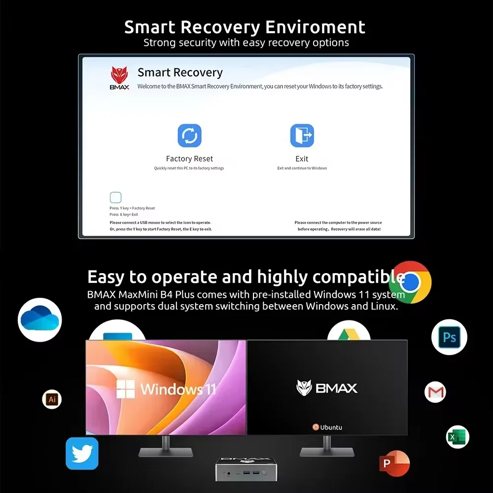 BMAX - Micro Desktop B4Plus, Intel N100 16 GB DDR4 512 GB SSD, Windows 11 Supports 4K 2 x HDMI1 x Type-C Small Computer