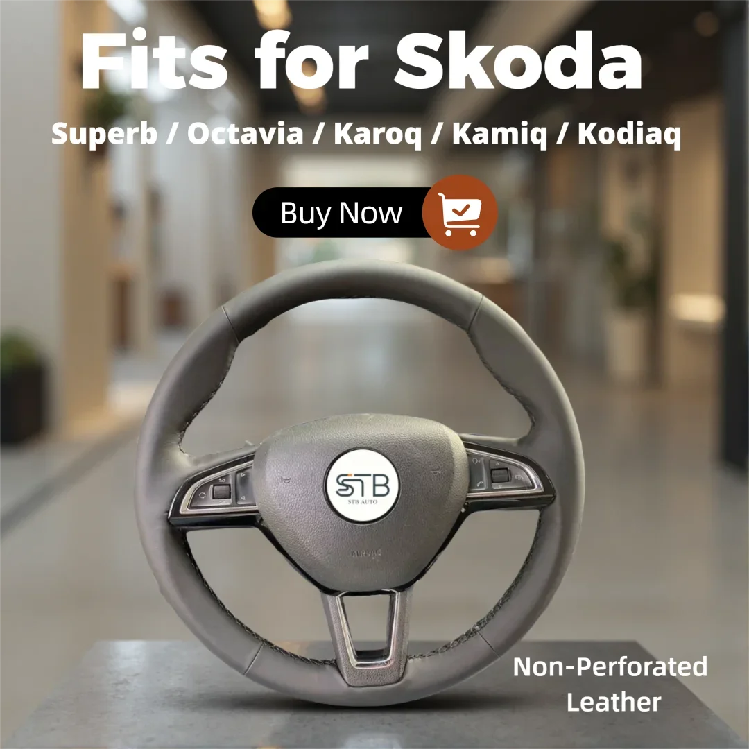 Hand‑Stitched Steering Wheel Cover, Non‑Punched Genuine Leather, Custom Fit for Skoda Superb, Octavia, Karoq, Kamiq, Kodiaq