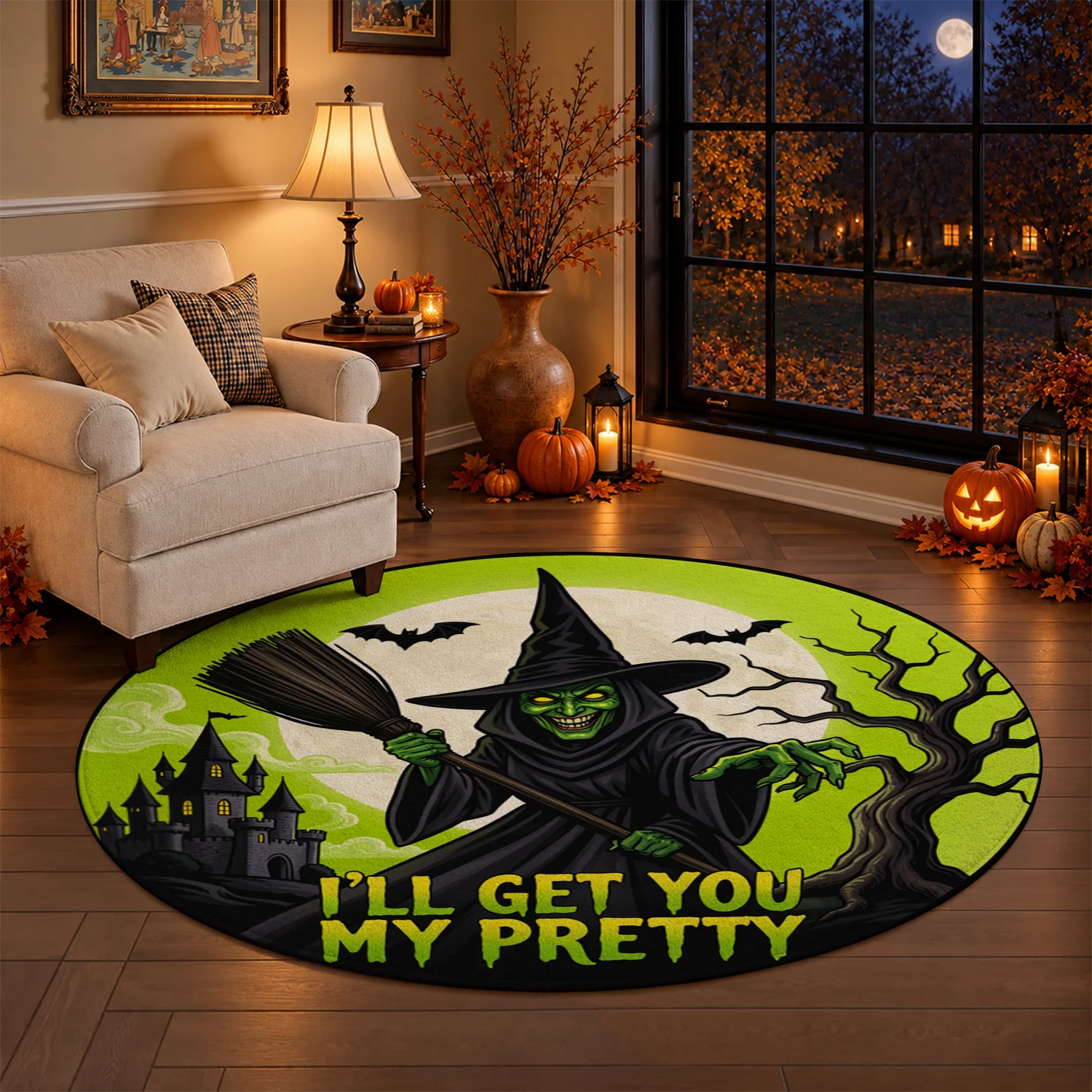 Halloween Witch Broom Bat Castle Pattern Round Velvet Area Rug, Soft Plush Machine Washable Floor Rug for Living Room Bedroom Entryway Dining, Perfect for Halloween Thanksgiving Black Friday Christmas New Year Decor