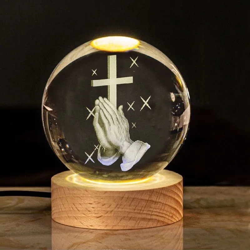 Crystal Ball Engraved 3D Hand Holding A Cross Figurine with Rose Stand Praying Religious Gifts for Women, Christian Gifts for Fr