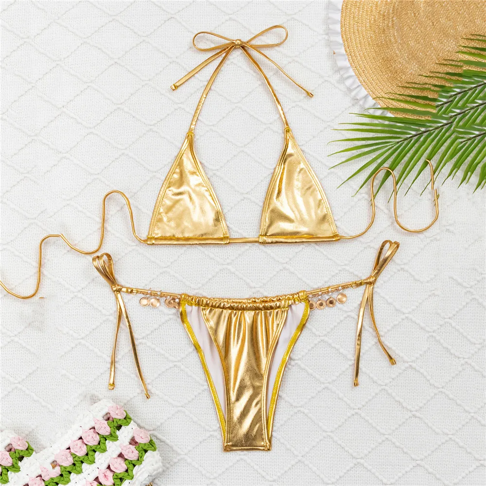 

Сексуальный золотой блестящий купальник, треугольные стринги, комплекты бикини с микро-стрингами для женщин, купальник со стразами, купальный костюм, бикини Mujer 2025