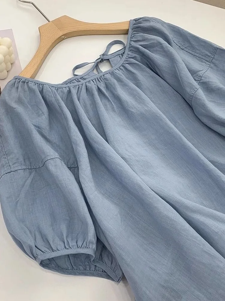 

plus Size Women's Bubble Sleeve Shirt Summer Vintage round Neck Loose Versatile Top Gentle Wind Special Large Size Inner Wear