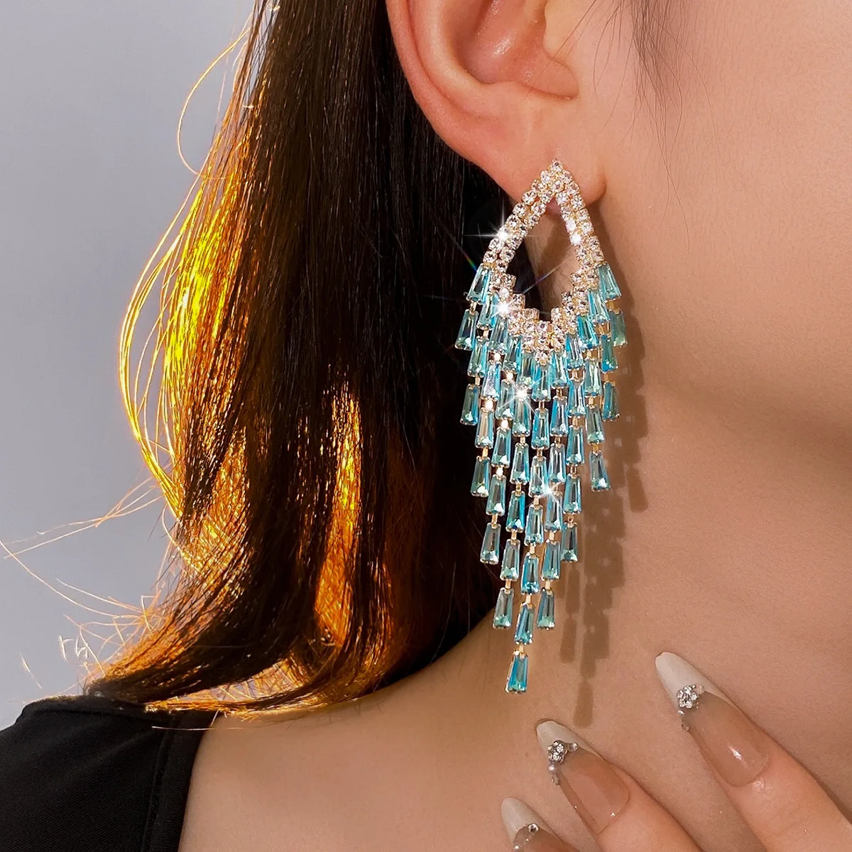 Light Luxury Blingbling Super Flash Long Tassel Earrings, Elegant Geometric Earrings