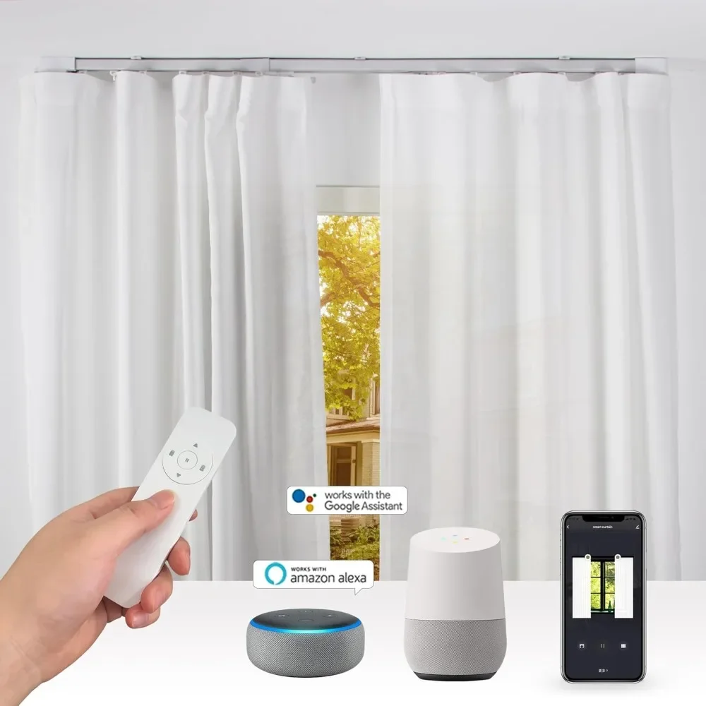 

Smart Electric Curtain Ceiling Mounted Motorized Motor System Adjustable Track Length Compatible with Alexa Google Siri Apple