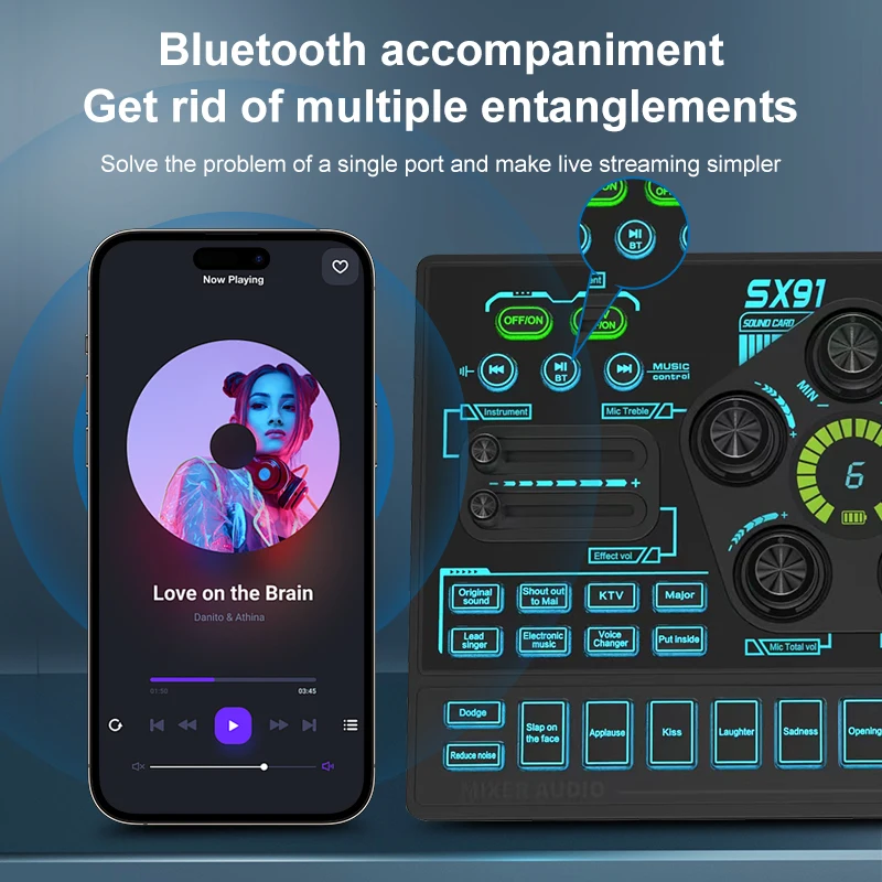 SX91 Audio Mixer Sound Card with Voice Changer Podcast Mixer Sound Card For Karaoke Phone Gaming Live Studio Streaming Podcast