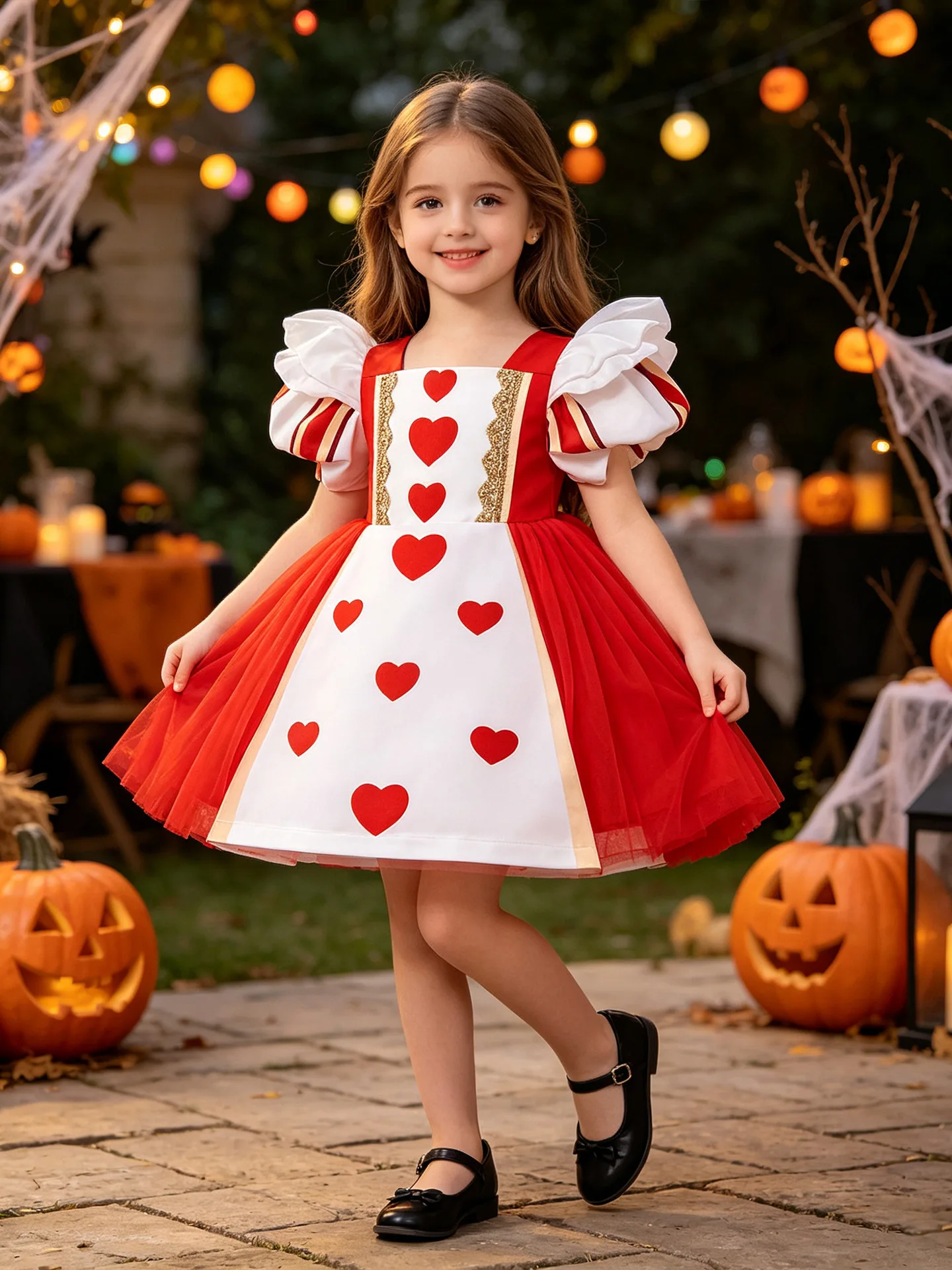 girls'-halloween-role-playing-costume-cosplay-red-queen-heart-bubble-sleeve-party-dress-poker-skirt-cotton-blend-fabric