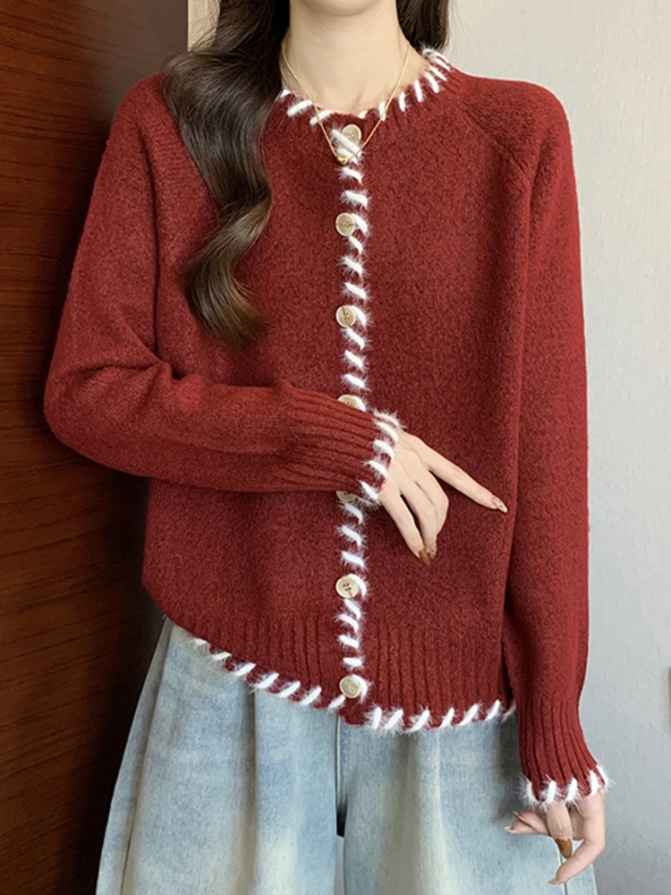 

Ele Red Knitted Open Cardigan Women's Winter Long Sve Lazy Sle Design Sensation Sweater Jaet Soft Comfortable Fit