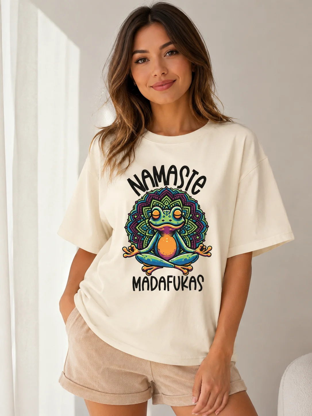 Fun Yoga T-shirt Frog Self Care Short Sleeves Cotton Short Sleeves Front Cottagecore Namaste T-shirt Women's Street Wear