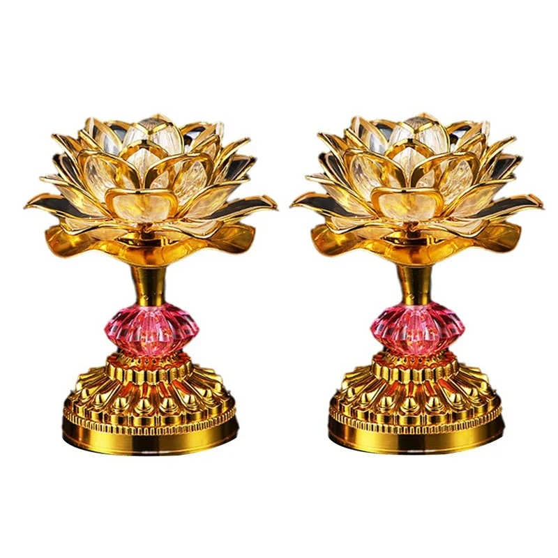 2 sztuki LED Lotus Buddhist Lights Buddha Lotus Lamps Plug In lub Battery-Operated Buddhist Lamp US Plug Gold 58 Songs