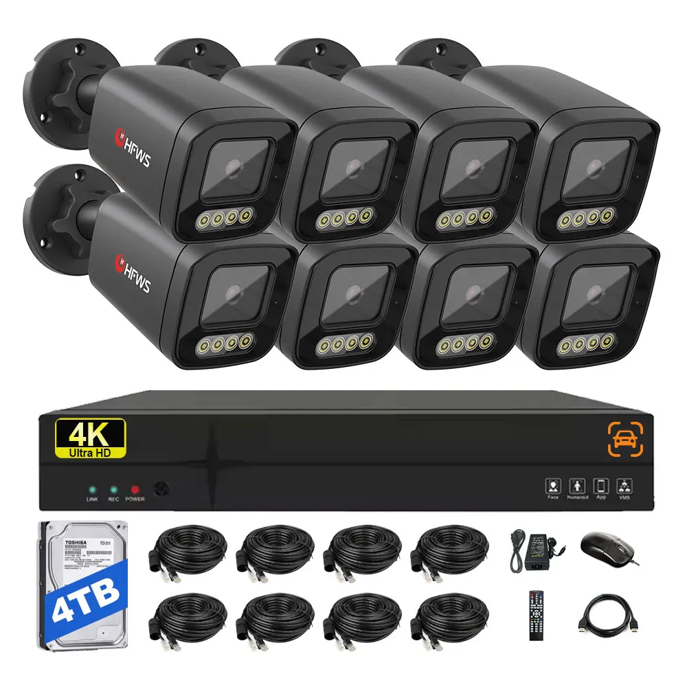 4K 8channel Video Surveillance Systems 8MP Cctv Camera System 4K Poe IP Camera 25FPS Nvr Vehicle Detection Humanoid Detection