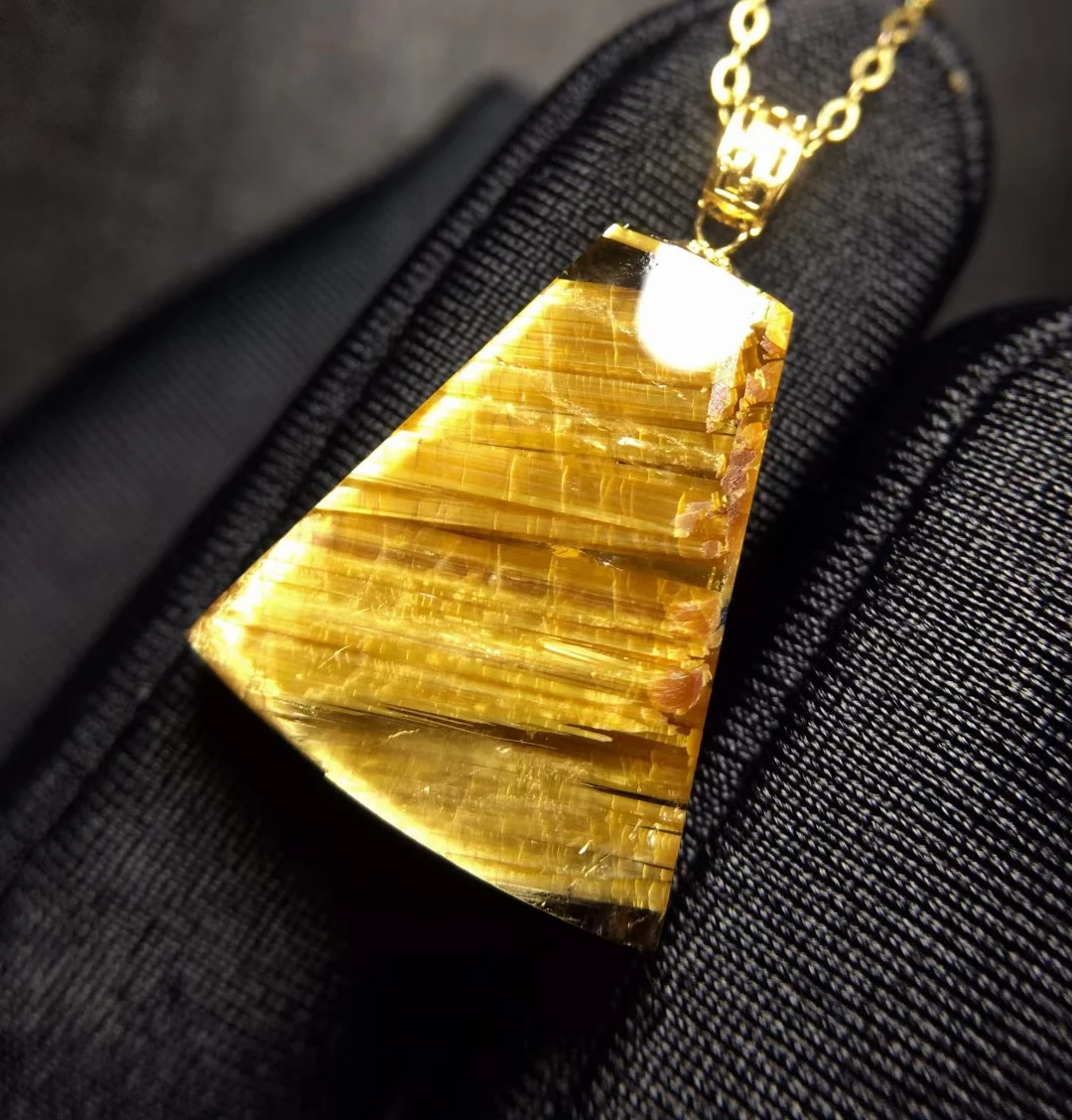 Natural Gold Rutilated Quartz Pendant Necklace Rectangle Cat Eye Jewelry 18.6*15.6*5.5mm Rutilated Women Men AAAAAAA