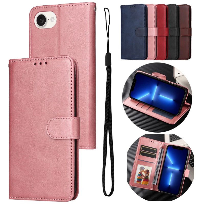 KL-MC005 Solid Color Lanyard Leather Case For iPhone 16e 16 15 14 Plus 13 Pro Max 12 Mini SE4 Card Slot Wallet Phone Flip Cover