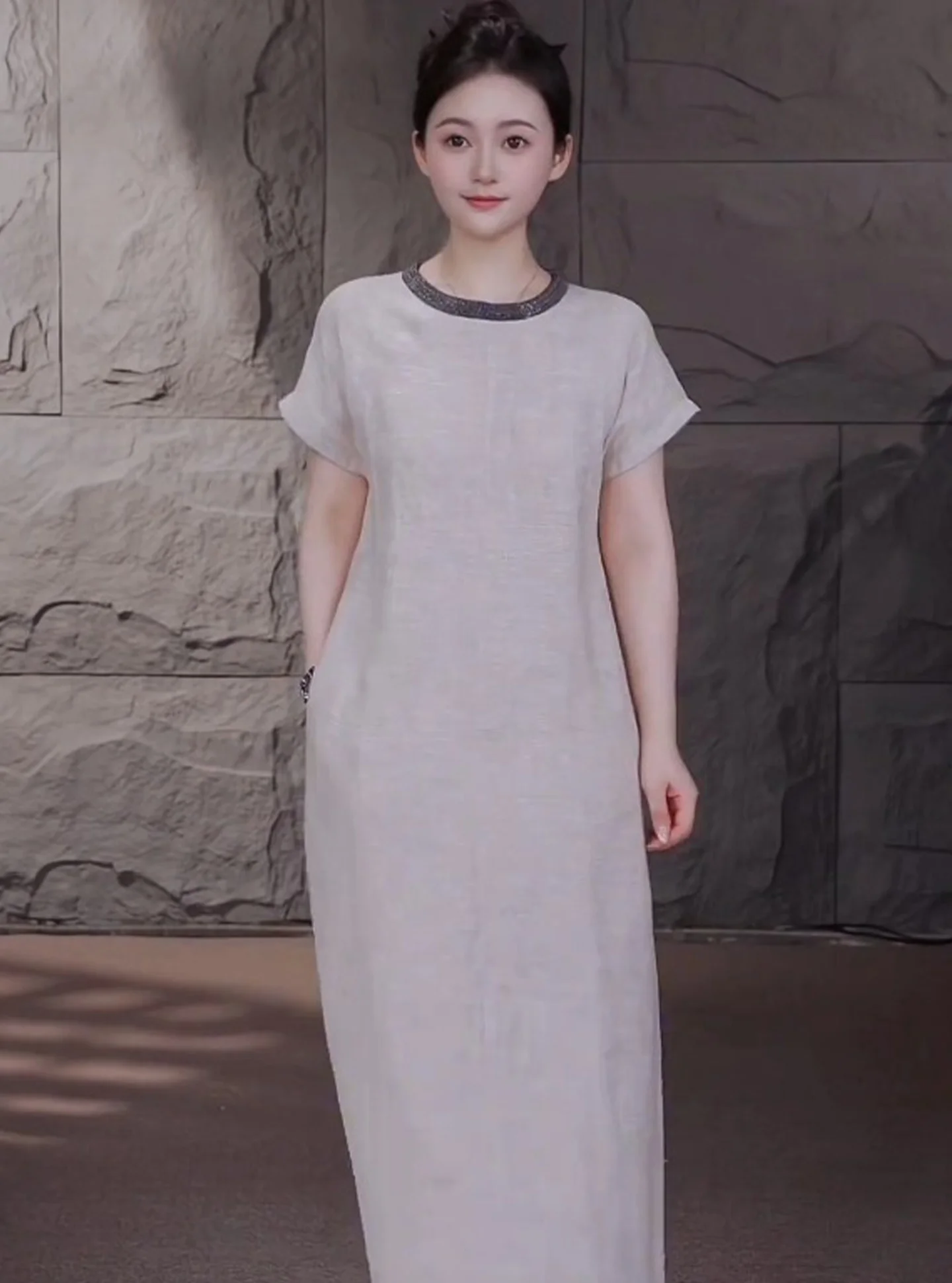 T-shirt en lin blanc Dr été ample minceur taille haute jupe trapèze Ele Unique Sle trajet automne dames Dr