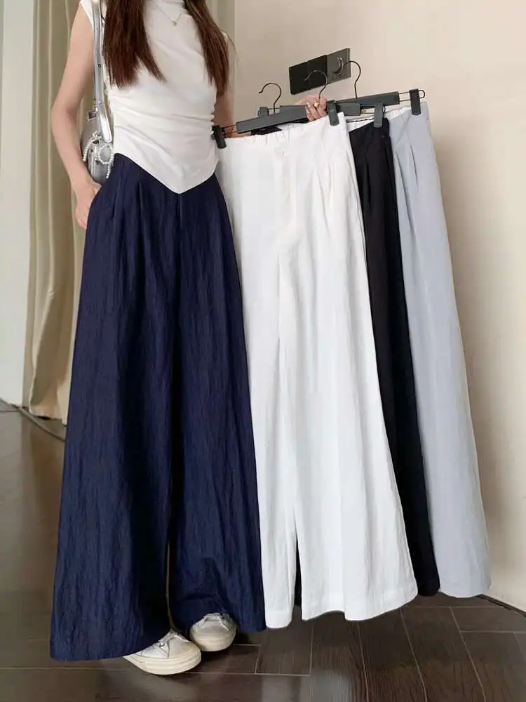 Summer White Casual High Waist Pants Woman's Ice Silk Pants Woman's Drape Floor Mop Pants Straight Loose Wide Leg Long Pants