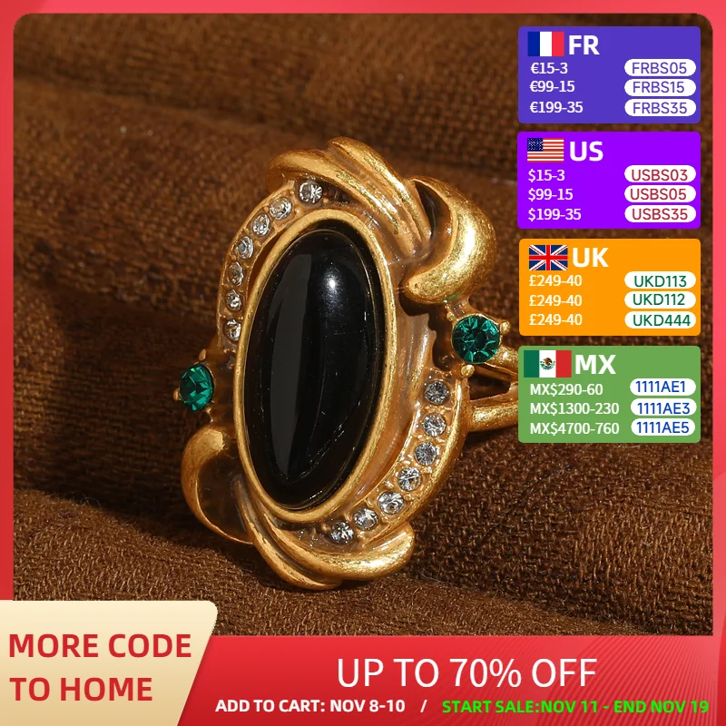 

Vintage Elliptical Black Rings For Woman Agate Green Crystal Gold Color Branches Leaves Luxury Quality Jewelry Designer 2025 New