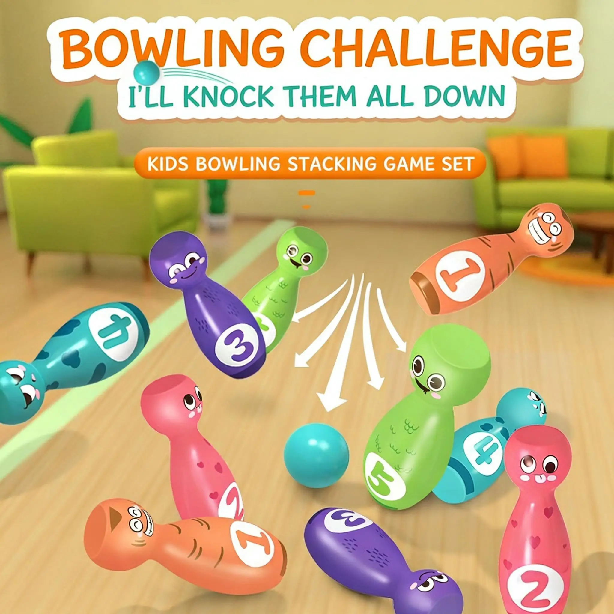 

Cartoon Soft Kids Bowling Set, Stacking & Knocking Down Interactive Game, Indoor Outdoor Sport Educational Toys for Toddlers Boy