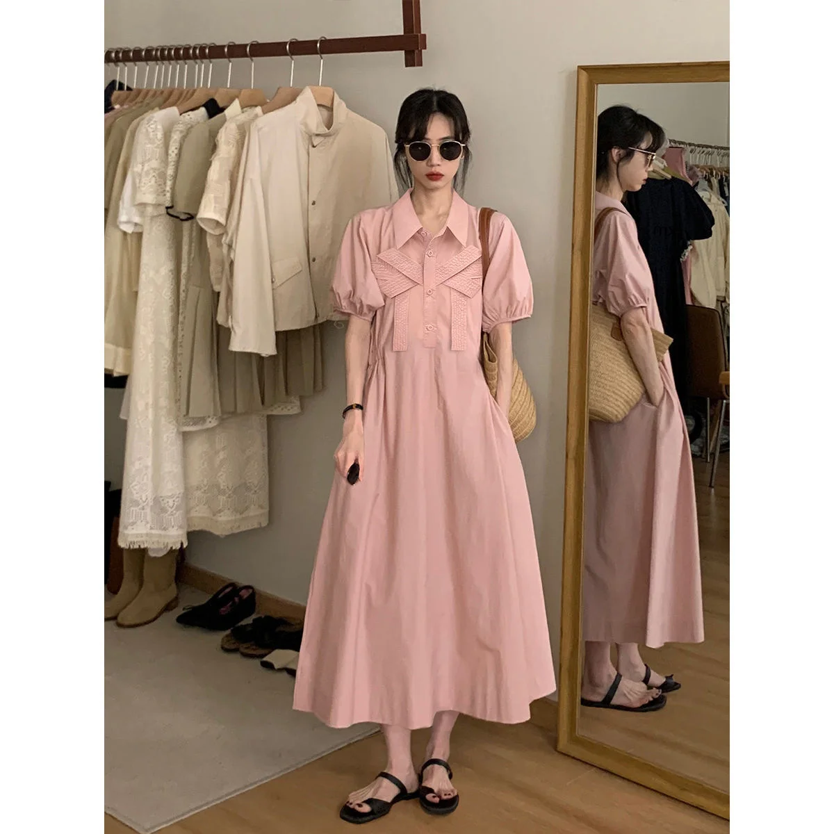 

Модное розовое платье больших размеров 300 Pou для женщин, летнее, элитное, с пышными рукавами, длинное, А-силуэт, в корейском стиле