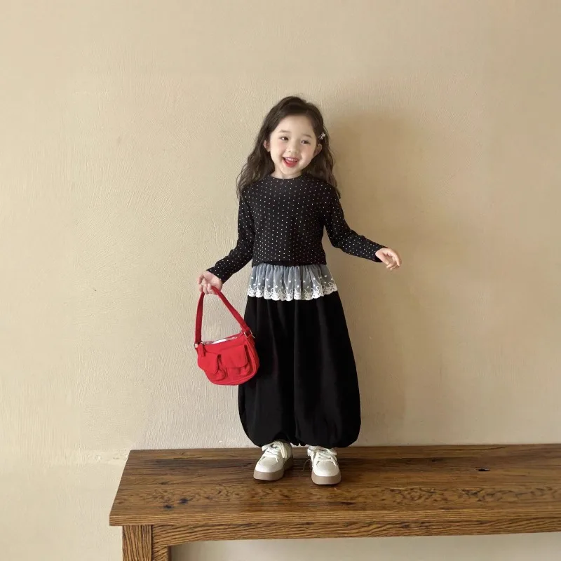RAISE Autumn Kid Girl 2PCS Clothes Set Losse Dot Print Children Girl Pullovers Suit Lace Curtain Little Girl Lantern Pant Outfit