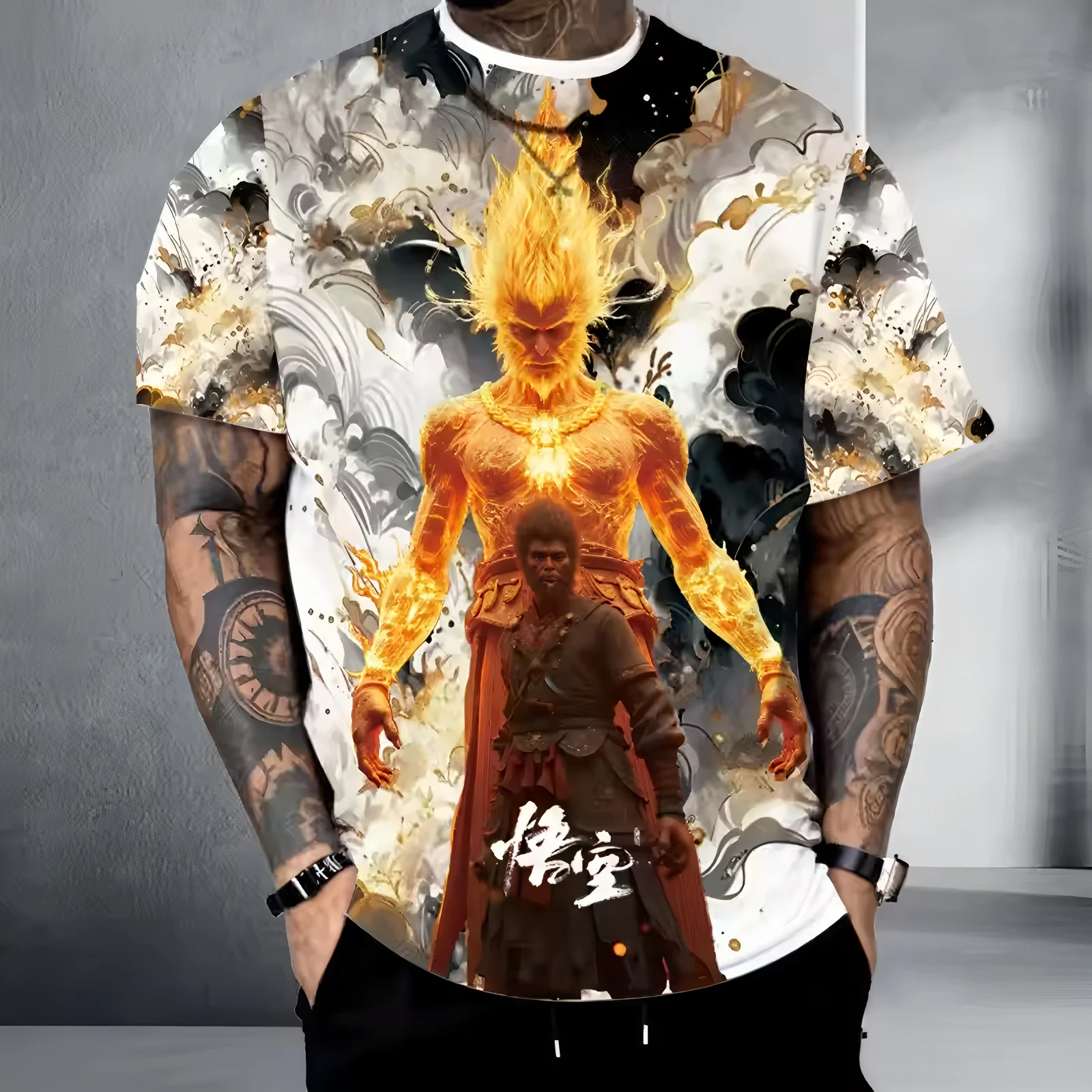

Men's clothing casual graphic t shirts 3D digital printing Wukong pattern short sleeved loose breathable round neck top for men