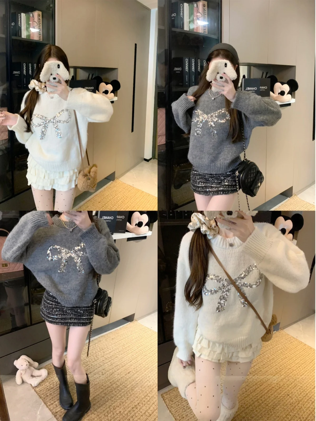 Herfst Winter Glitter Knoop Trui Hoge kwaliteit Gebreide Loose Fit Ele Long Sve ronde Ne Faion Top