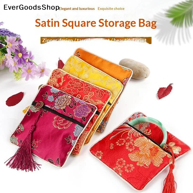NewChinese Brocade Square Storage Bag With Embroidery Pattern Tassel Zipper For Jewelry Small Items Daily Use