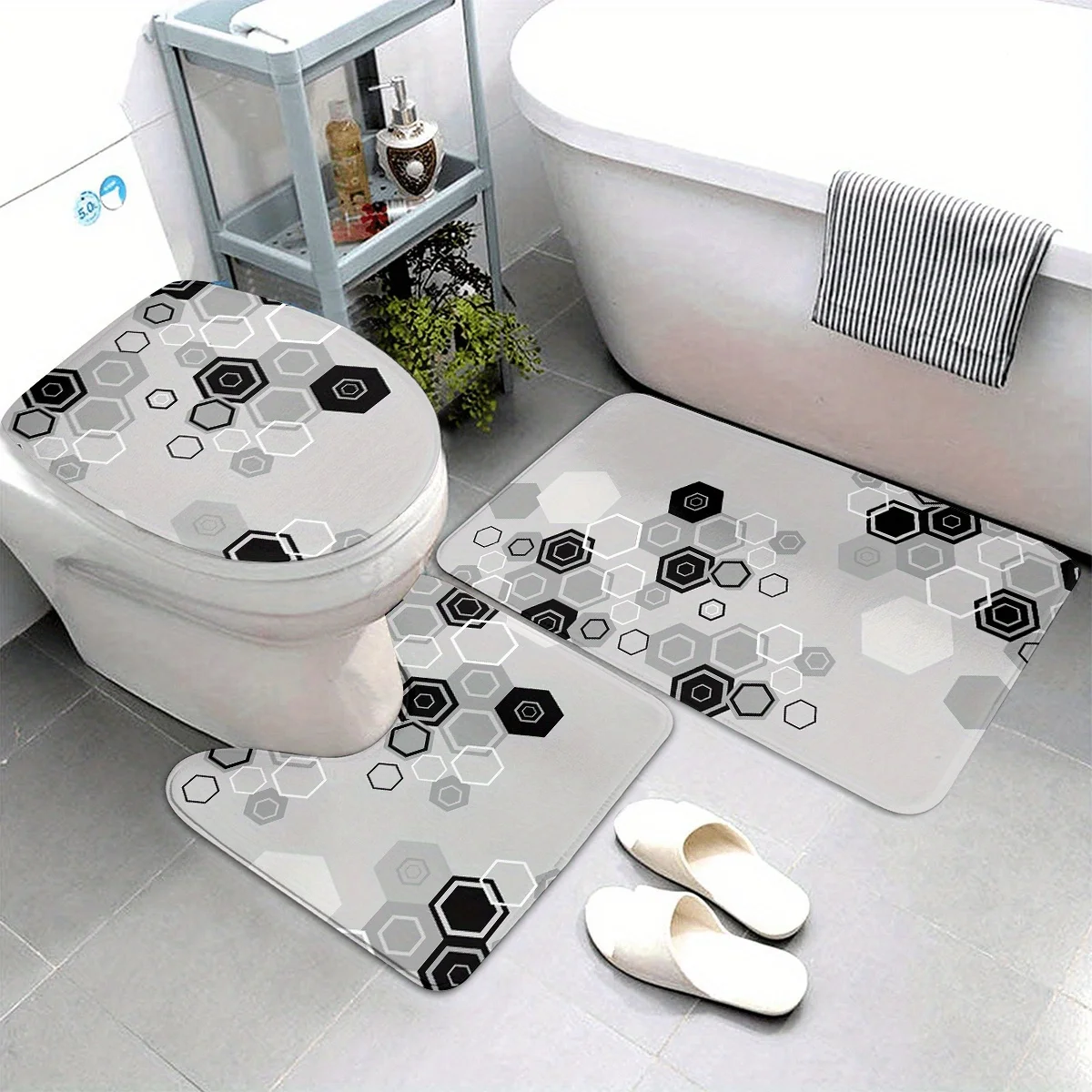 

3-х предметный современный геометрический абстрактный набор для ванной комнаты — полиэстер, который можно стирать в машине, U-образный коврик и противоскользящий коврик, коврик для сиденья унитаза