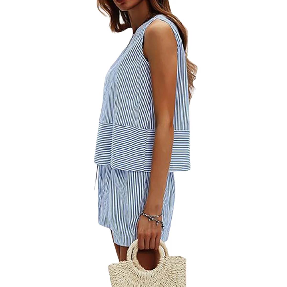 

ABQR Women'S Summer 2 Piece Outfits Sleeveless Tank Top Matching Shorts Sets Cotton Striped Sweatsuits Blue S