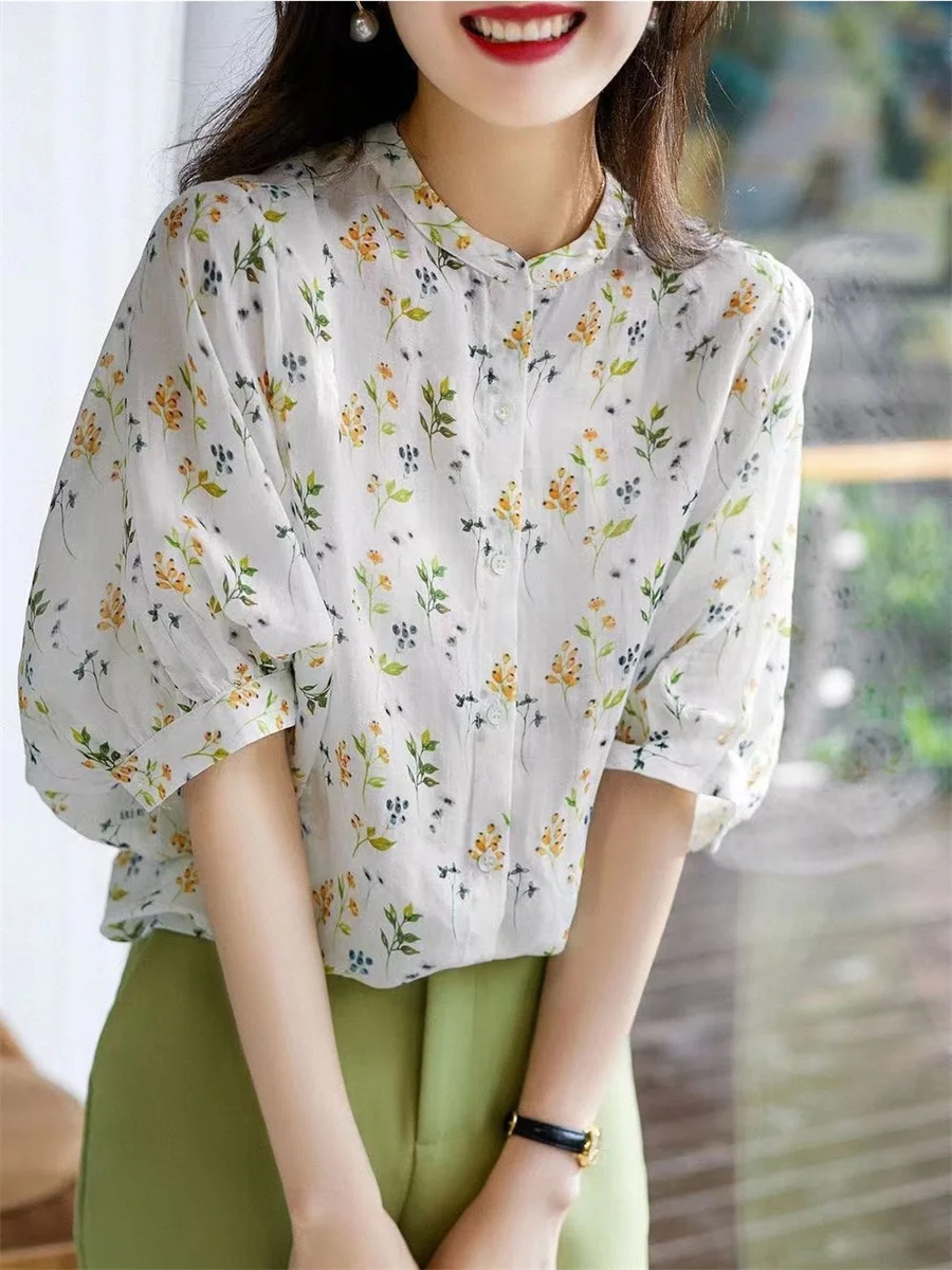 Blusas con estampado de flores para mujer, Tops informales de manga corta abullonada, cuello levantado, estilo veraniego, SP1496