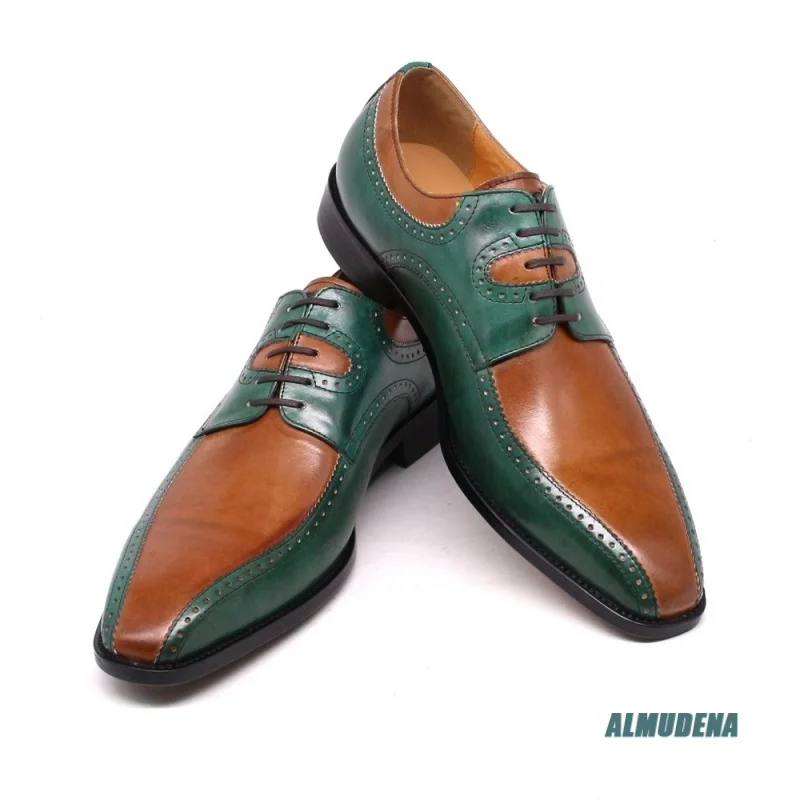 Green Brown Two Tone Square Toe Brogue Oxford Shoes Men Outdoor Spring Autumn Trendy Wedding Business Office Party Dress Shoes