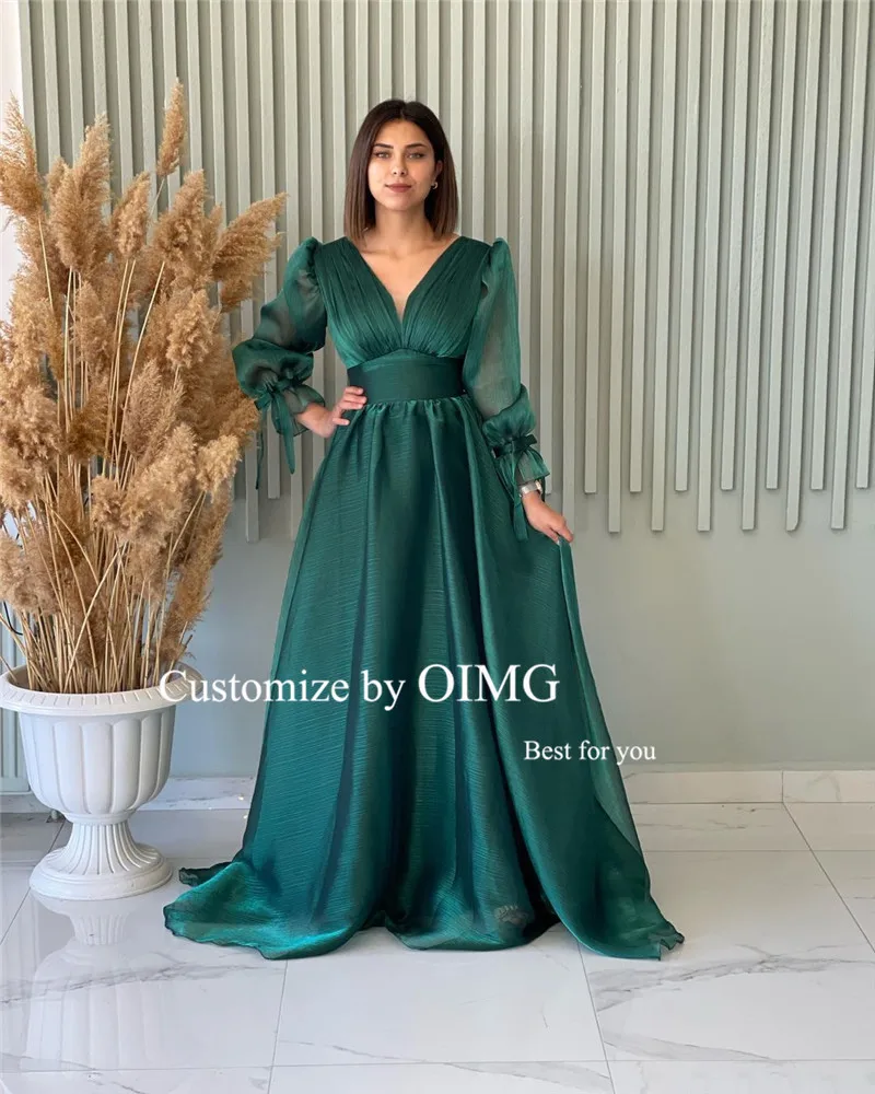 OIMG Gaun Malam Lengan Panjang Ungu Gaun Pesta Formal Organza Leher V Sederhana Gaun Prom Sederhana Jubah Wanita Arab De Mariage