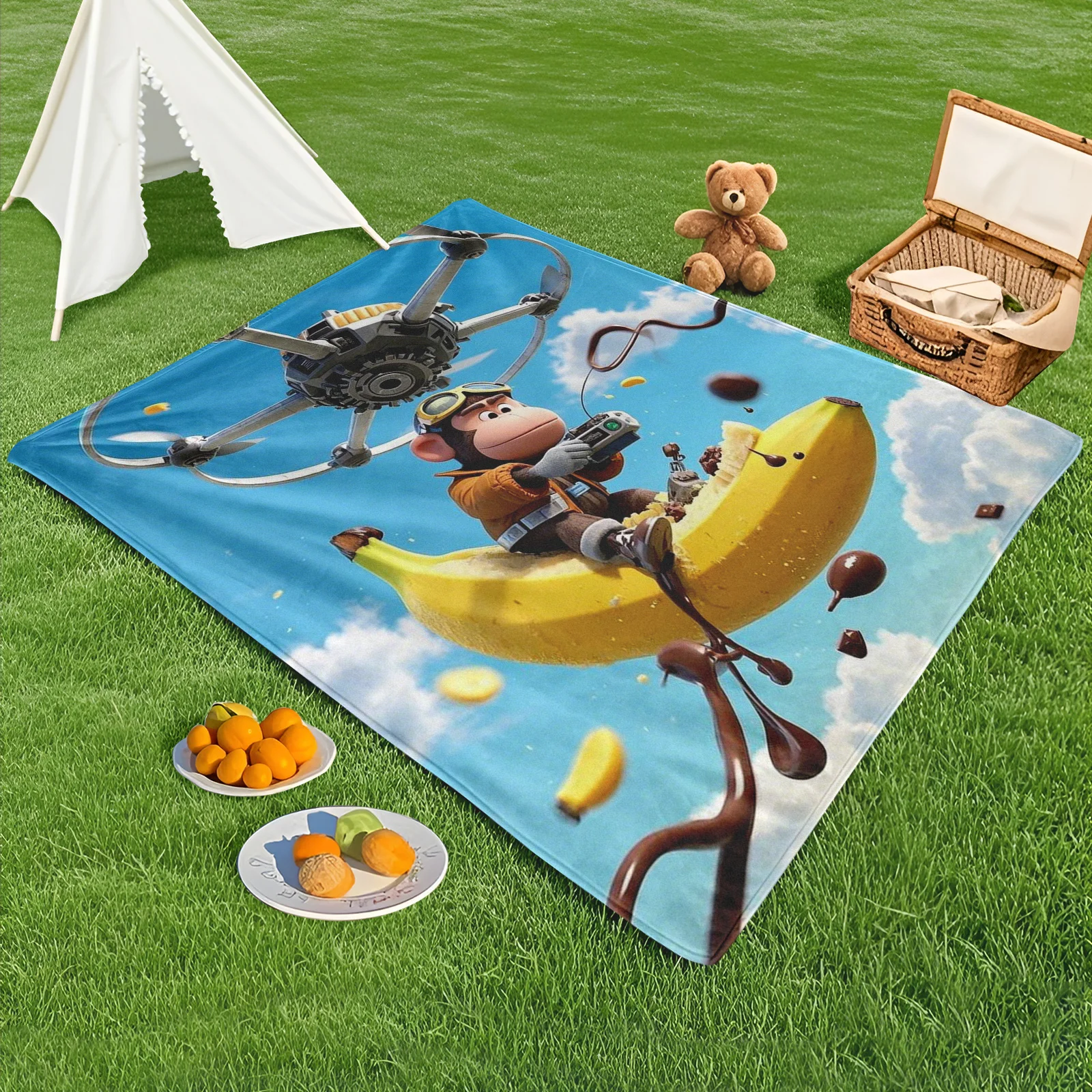 Cobertor caprichoso de tecnologia de drone banana para piqueniques brincalos e diversão futurista ao ar livre com uma torção peculiar