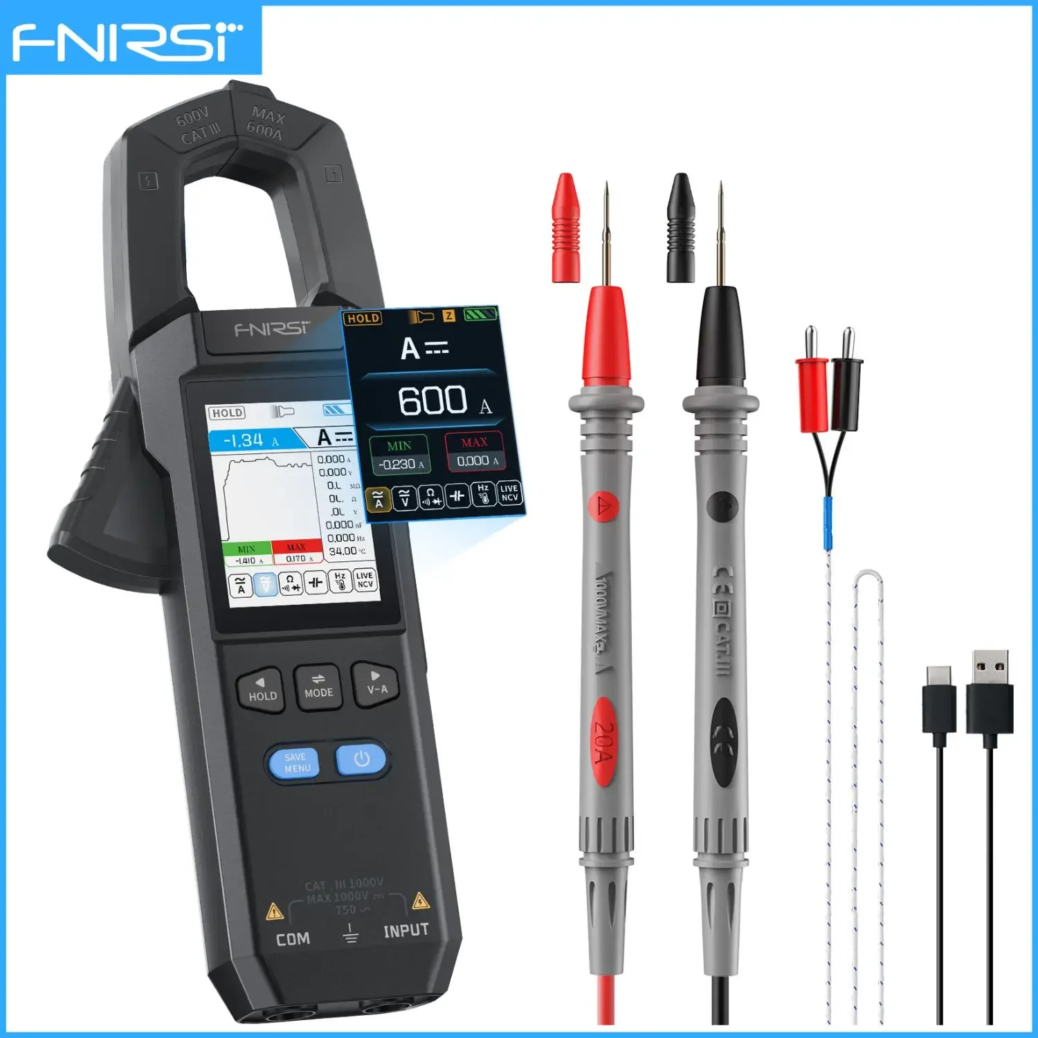 FNIRSI DMC-100 Clamp Meter 10000 Counts TRMS AC/DC Current Amperemeter Clamp 600A Digital Multimeter USB Charge Electrician Tool