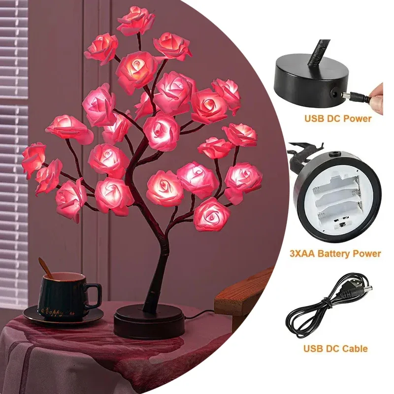 Novelty 24 LED Rose Flower Tree Lights USB Table Lamp Fairy Night Lamp Home Party Christmas Wedding Bedroom Decoration Gift