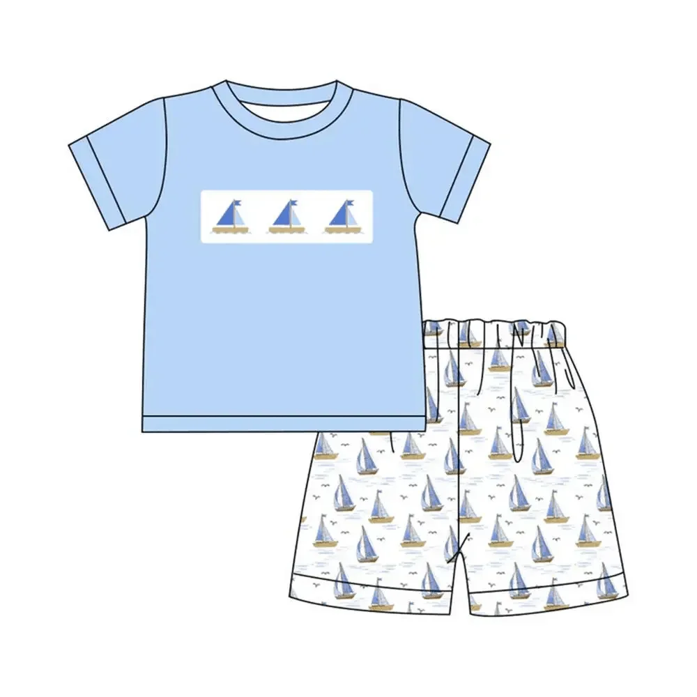 Summer wholesale suspender bow sailboat print shorts lace girls boy shorts set baby jumpsuit dress