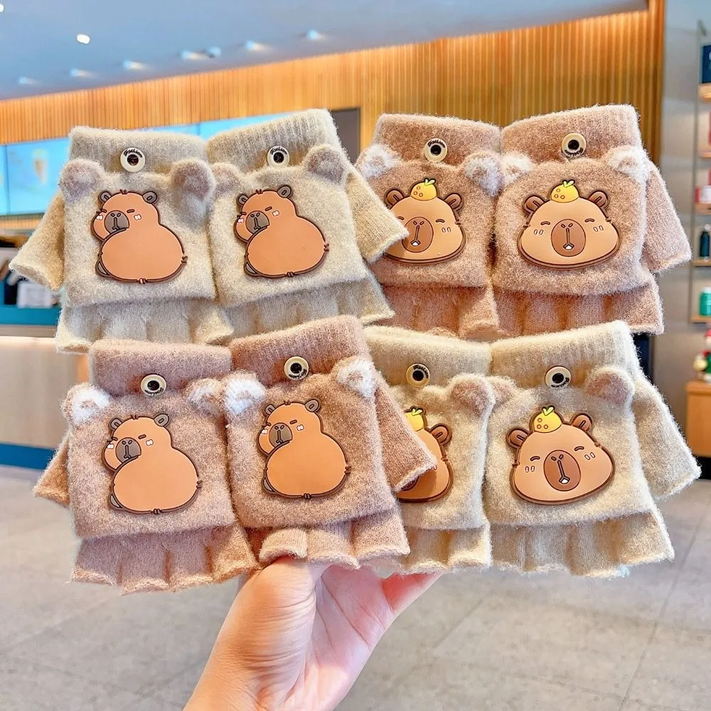 جديد 6-10 سنة نصف اصبع قفازات سميكة لطيف كابيبارا الشتاء الوجه قفازات مرونة الدافئة قفازات الكتابة في الهواء الطلق