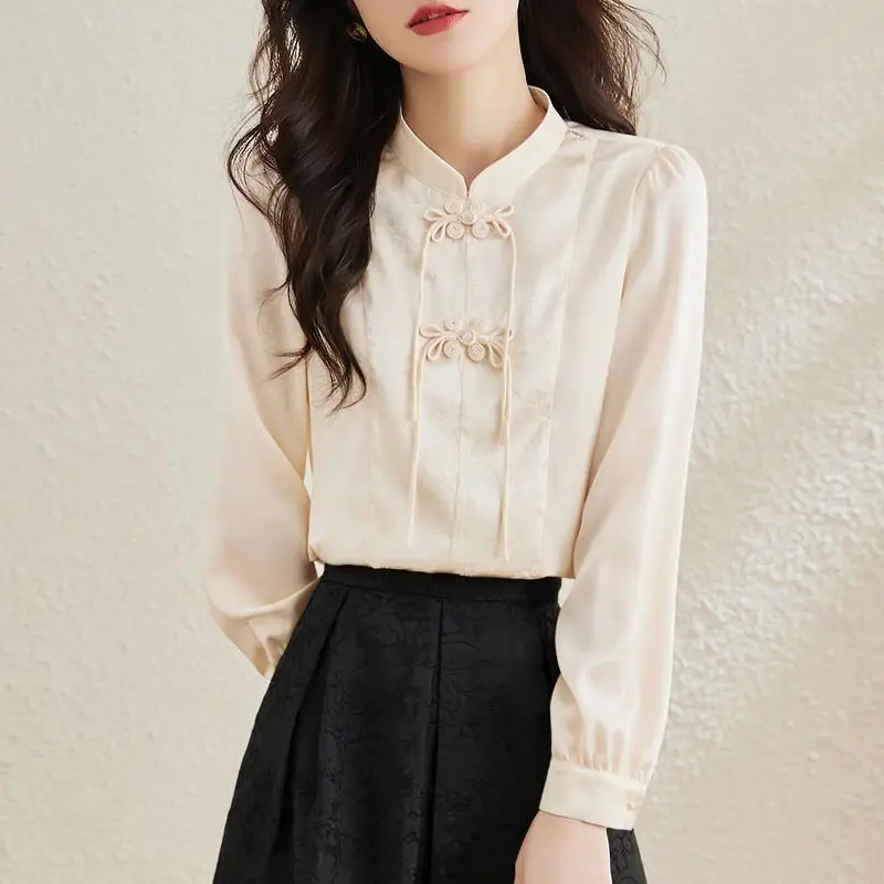 Retro Chinese Style Buckle Stand Up Collar Shirt for Women's New Style Temperament Long Sleeved Slim Fit Versatile Top