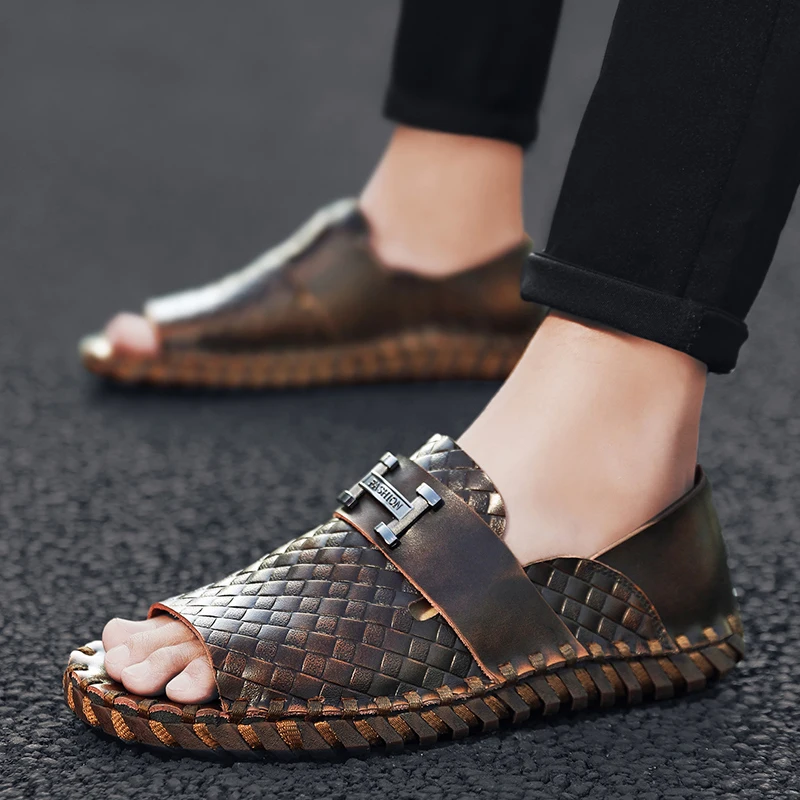 Fashionable Woven Fish Mouth Cowhide Men Sandals Flat Bottomed Versatile Sandals Comfortable Non Slip Leather Casual Sandals