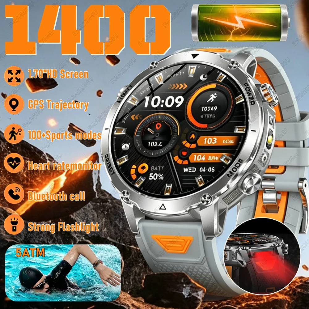 

2026 New Military Smart Watch 1400mAh Battery 5ATM Waterproof Flashlight Heart Rate Sports tracker Smartwatch Men T-Rex 3 Ultra