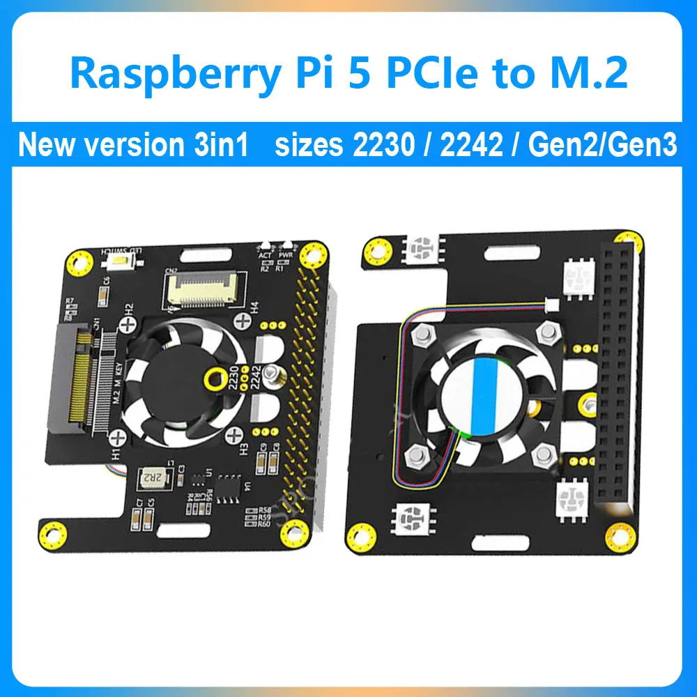 

Raspberry Pi 5 PCIe to M.2 NVMe SSD Hat 3in1 Gen2 & Gen3 standards Automatic Discoloration LED With Fan Size 2230 2242