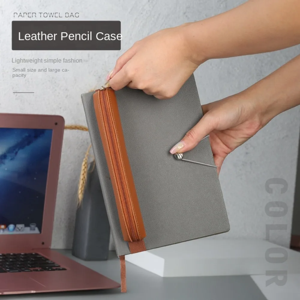 Pu Leather Pencil Storage Bag Book Notebook Elastic Rubber Band Pen Clip Portable Office Meeting Laptop Pen Holder