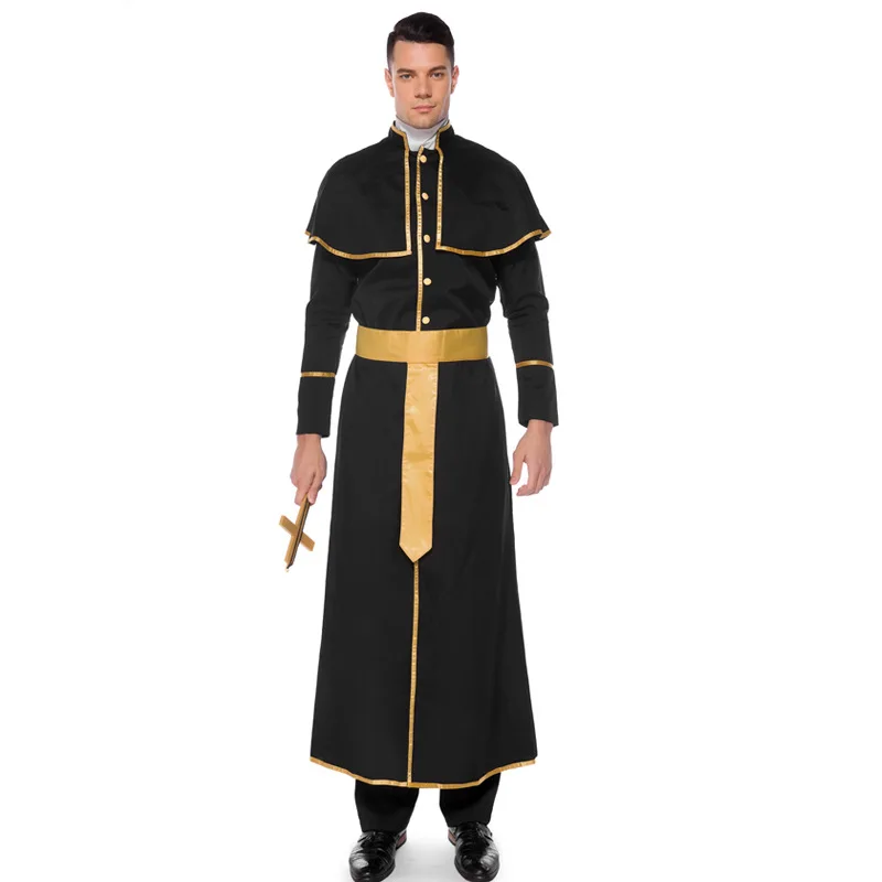 Halloween Carnival Costume For Man God Father Missionary Priest Cosplay Costumes with Belt Neckwear Cross