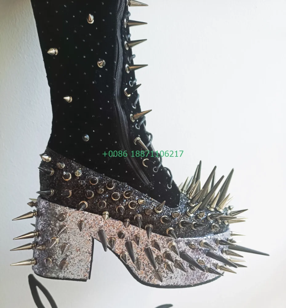 Punk Spiked Rivet Knight Boots 2024 New Street Rock Thick Sole Round Over Knee Thick Heel Boots Fashion Ladies Motorcycle Boots