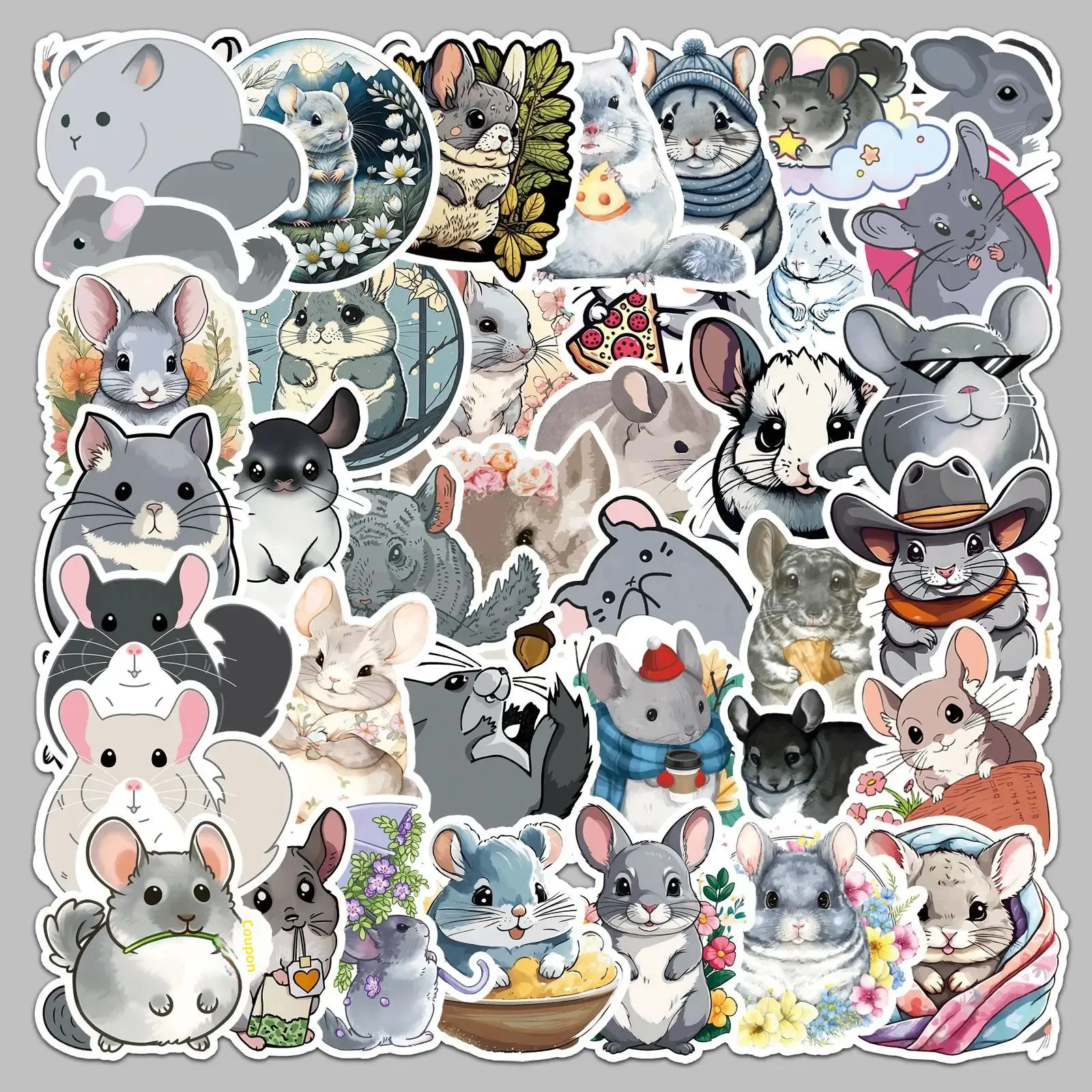 50pcs Waterproof Animal Cartoon Stickers For Thermal Insulation Cups Mobile Phones Laptops Latin American Chinchilla Design