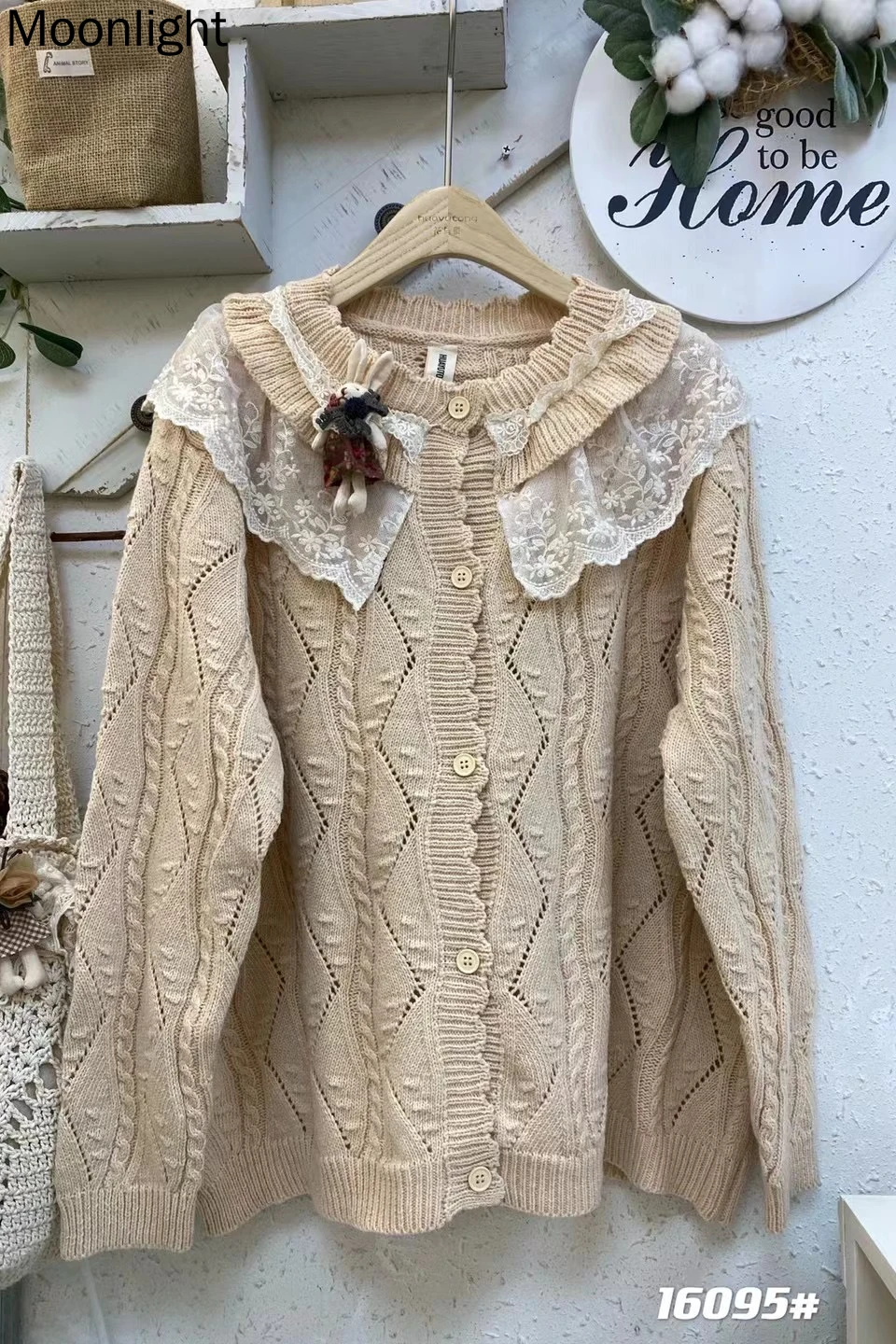 Dolce pizzo lavorato a maglia maglione scavato Cardigan cappotto sciolto Top giapponese Mori ragazza rotonda monopetto manica lunga maglieria