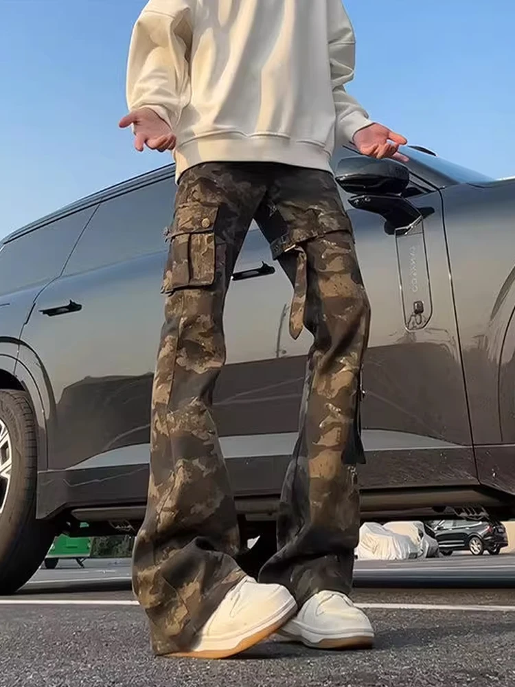 

American Retro Camouflage Workwear Pants Men's Straight Leg Slim Fit High Street Vibe Band Design Bell Bot Jeans
