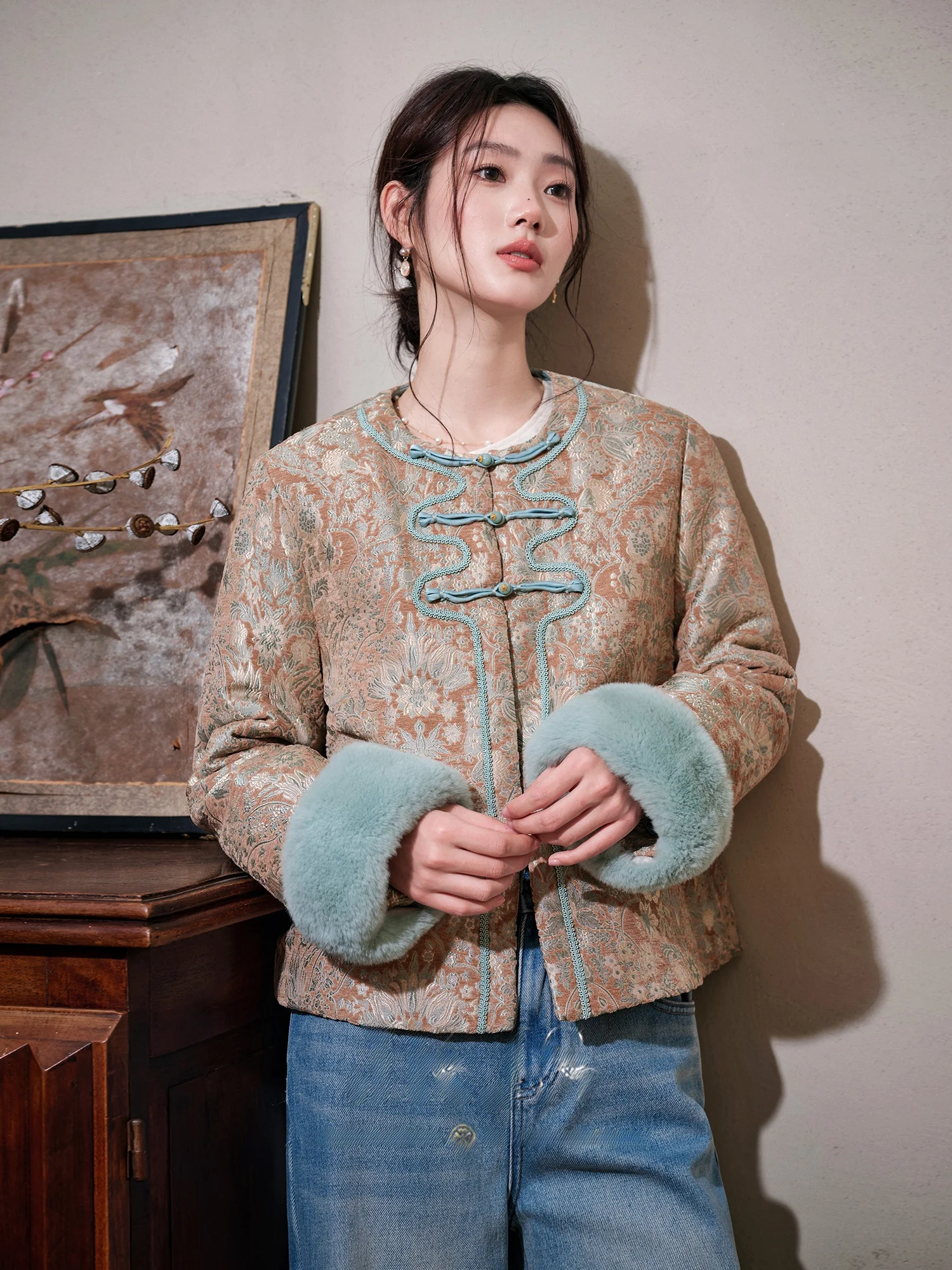 

Warm Cotton Jaet ort Sle Rabbit Fur Cuff Silk Material Chinese New Sle Women's Outerwear Commute Sle round Ne But...