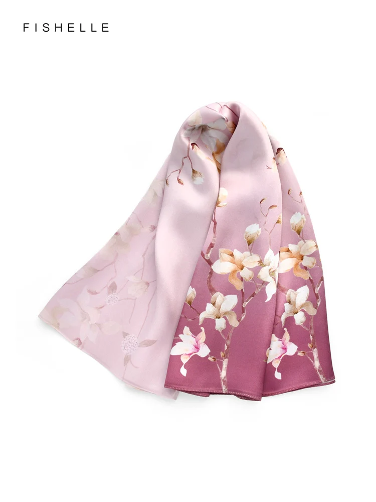 

Yulan magnolia printed real silk women long scarves spring summer luxury shawl natural silk scarf female wrap gift for lady