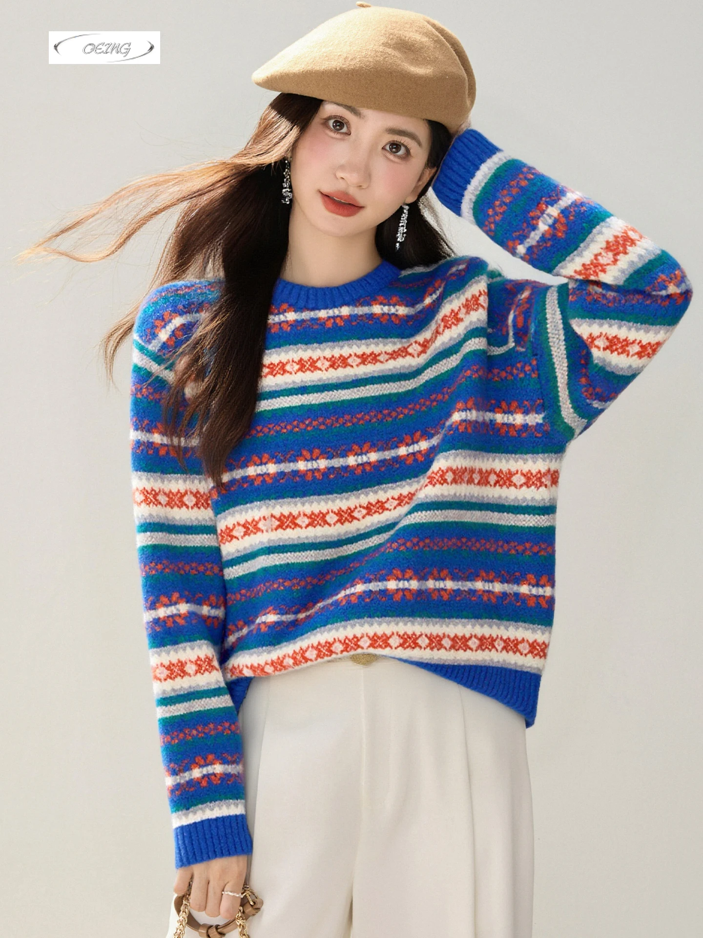 

Autumn Winter Thick Vintage Blue Striped Sweater for Women Knitted Pullover Tops Elegant Korean Style Loose Casual Knitwear 9682