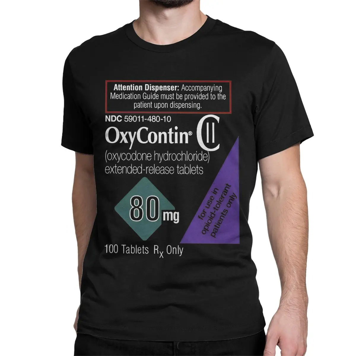 Oxycontin 80mg Label T Shirt Men Women 100% Cotton Unique T-Shirt Round Collar Drug Information Tees Short Sleeve Tops Gift